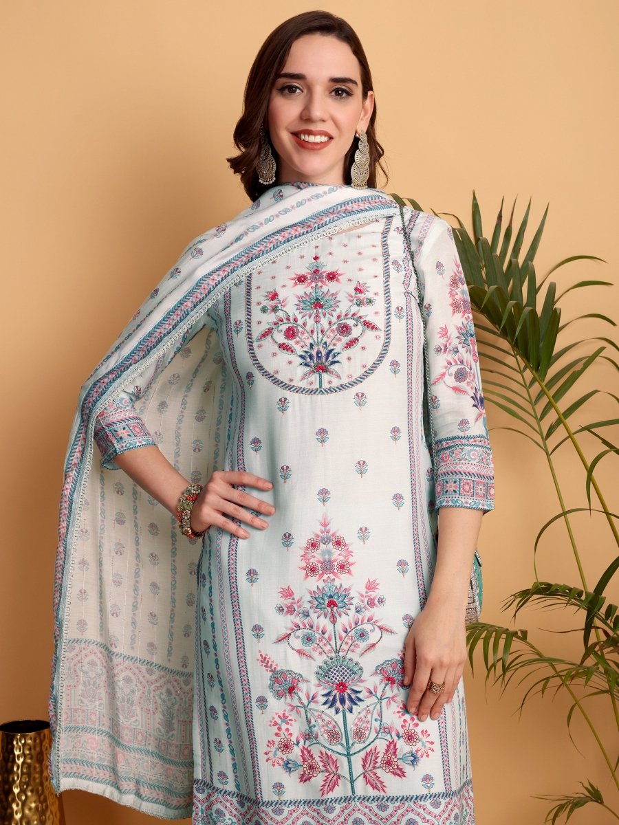 Light Cyan Floral Kurta Set for Women | Printed Viscose Maslin Suit - CLOHI