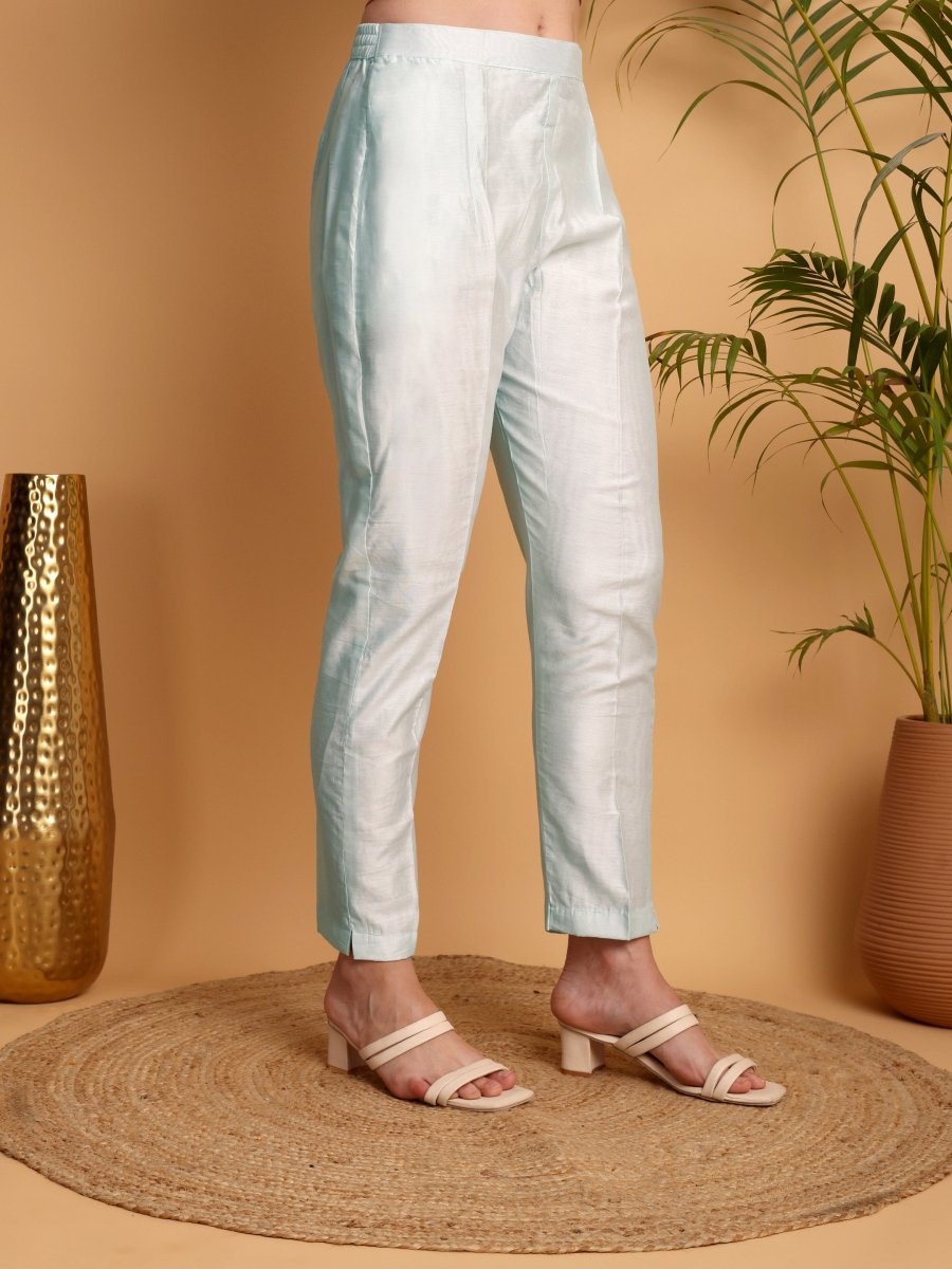 Light Cyan Floral Kurta Set for Women | Printed Viscose Maslin Suit - CLOHI