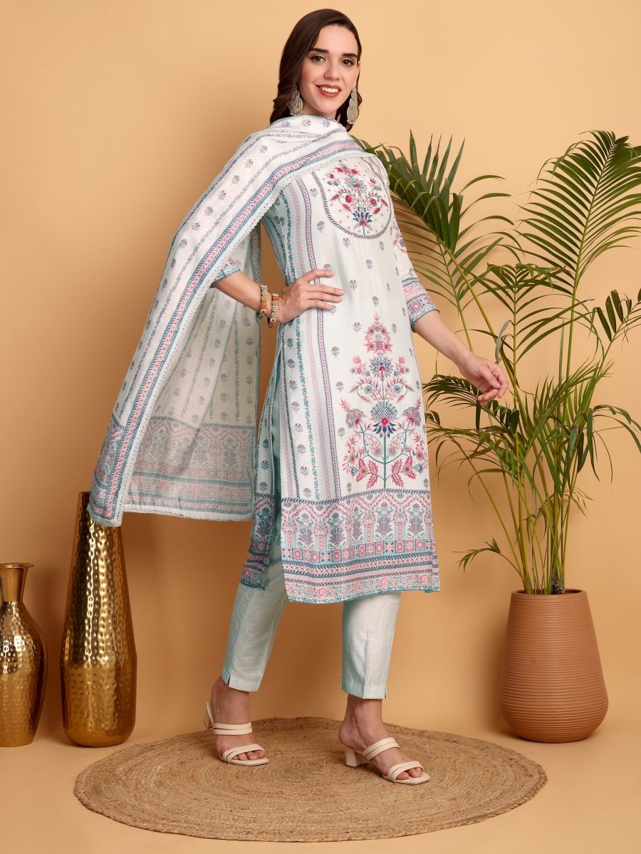 Light Cyan Floral Kurta Set for Women | Printed Viscose Maslin Suit - CLOHI