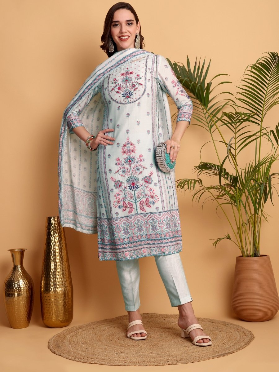 Light Cyan Floral Kurta Set for Women | Printed Viscose Maslin Suit - CLOHI
