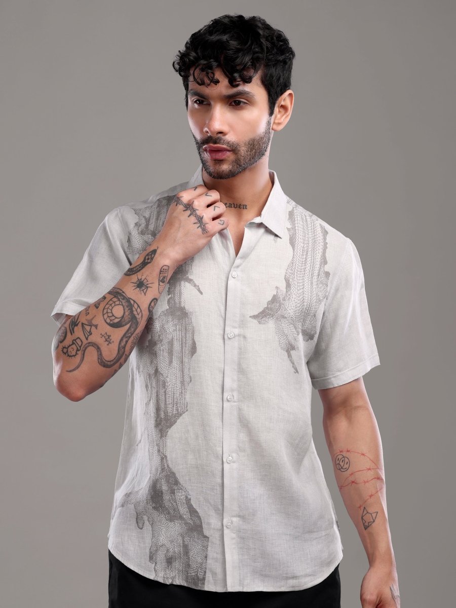 Light Grey Pure Linen Band Collar Shirt with Abstract Art Print - CLOHI