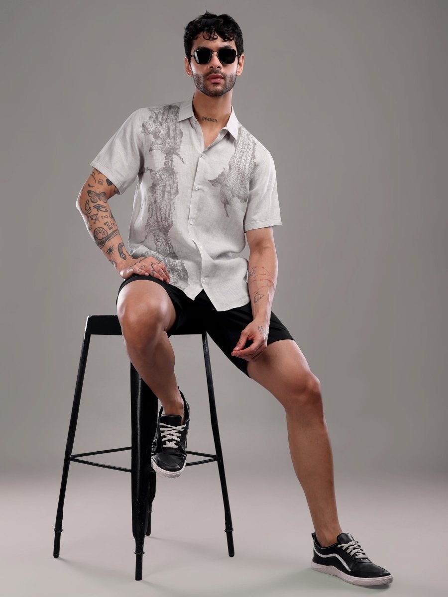 Light Grey Pure Linen Band Collar Shirt with Abstract Art Print - CLOHI