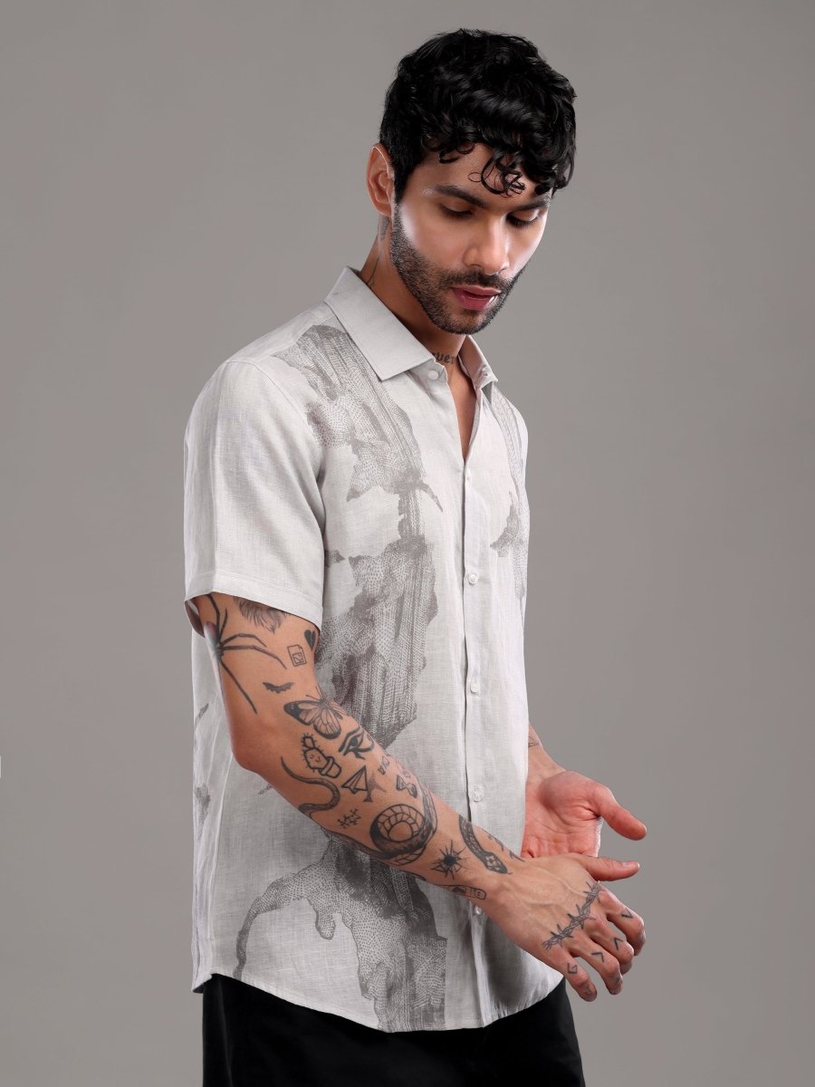 Light Grey Pure Linen Band Collar Shirt with Abstract Art Print - CLOHI