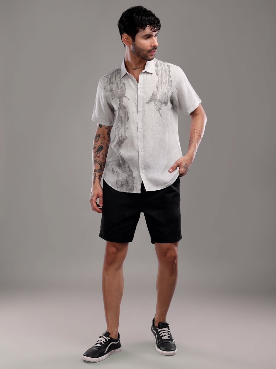 Light Grey Pure Linen Band Collar Shirt with Abstract Art Print - CLOHI