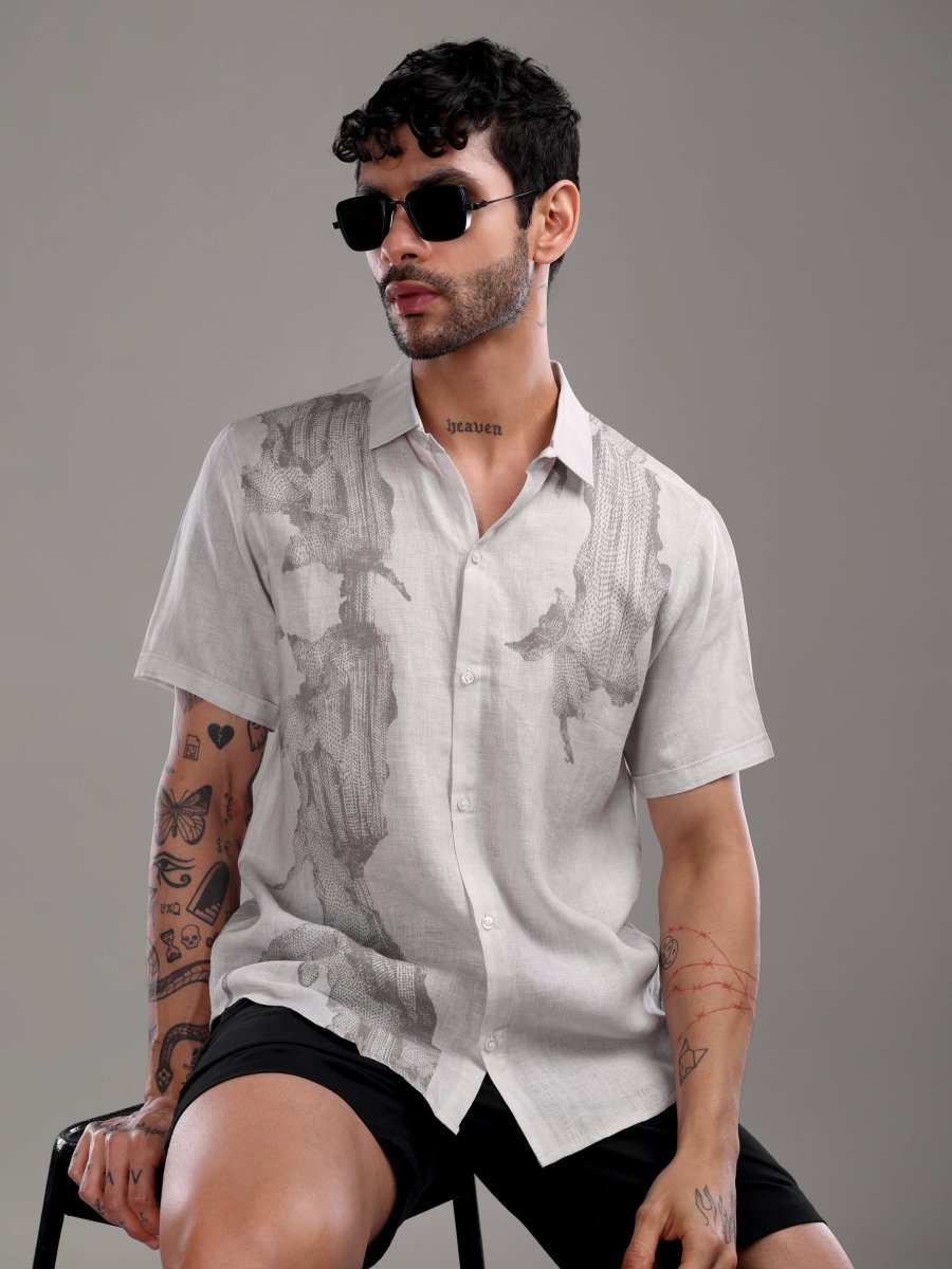 Light Grey Pure Linen Band Collar Shirt with Abstract Art Print - CLOHI