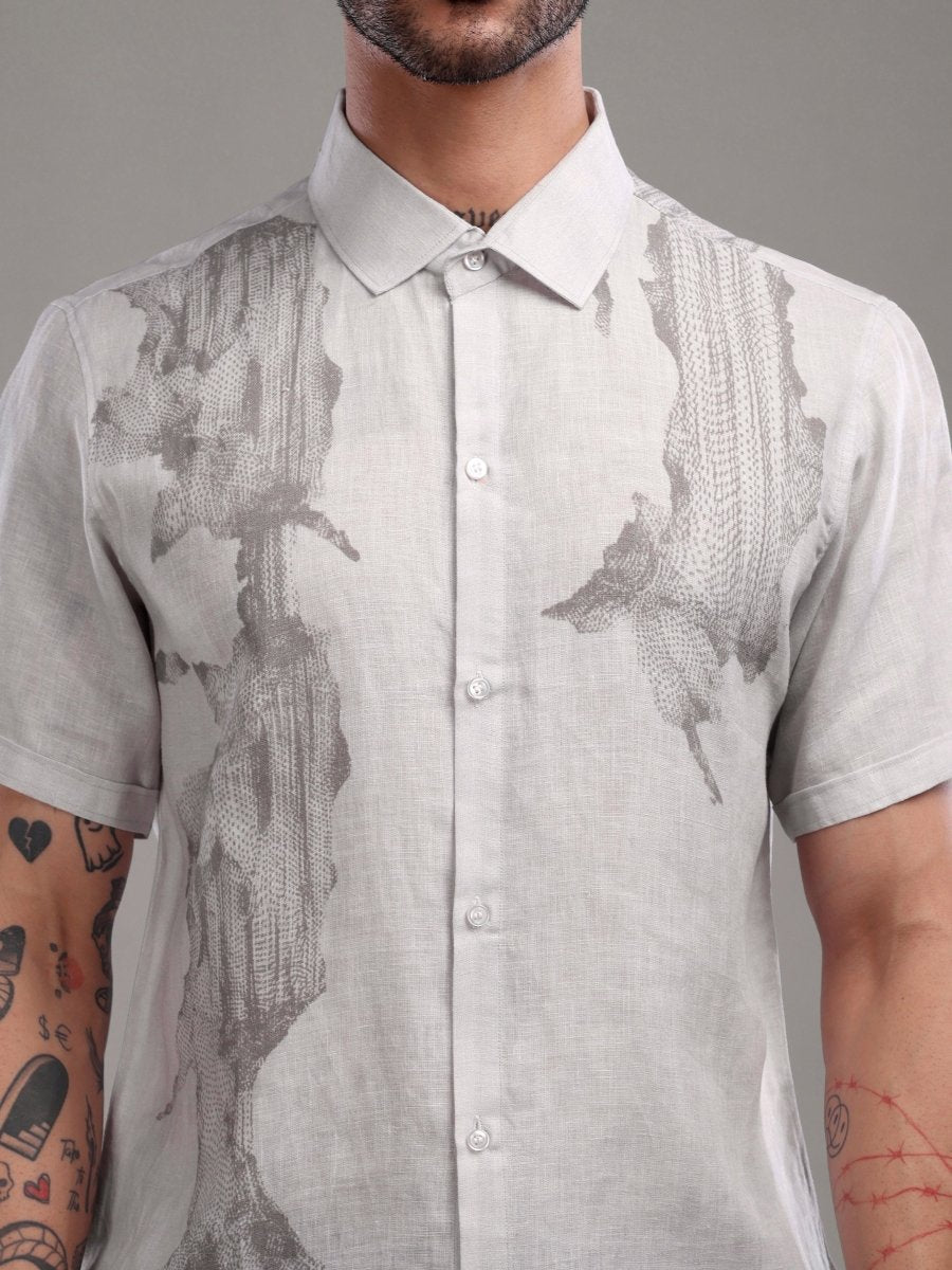 Light Grey Pure Linen Band Collar Shirt with Abstract Art Print - CLOHI