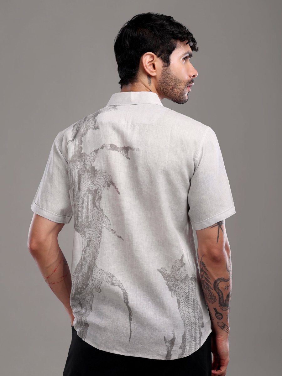 Light Grey Pure Linen Band Collar Shirt with Abstract Art Print - CLOHI