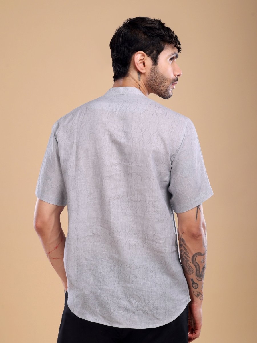 Light Grey Pure Linen Shirt with Abstract Tree Art - CLOHI