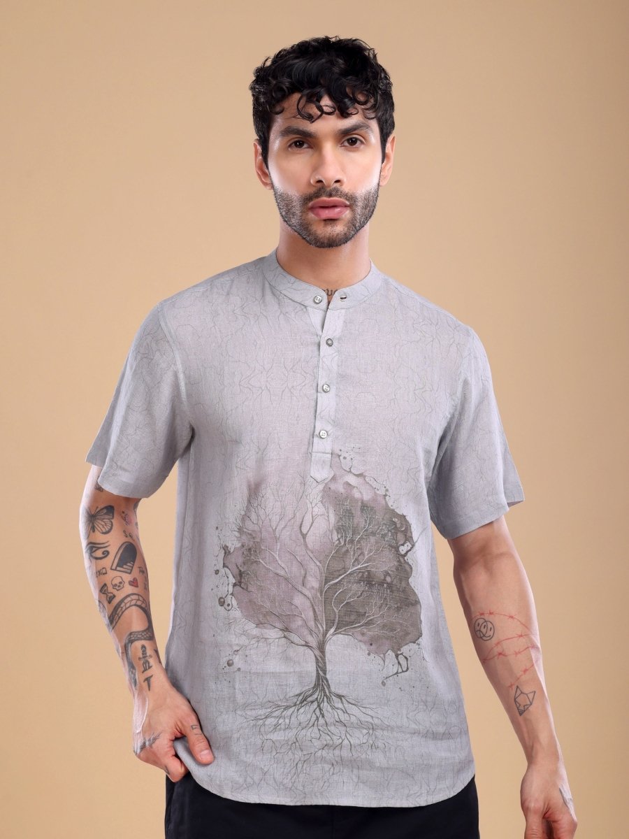 Light Grey Pure Linen Shirt with Abstract Tree Art - CLOHI