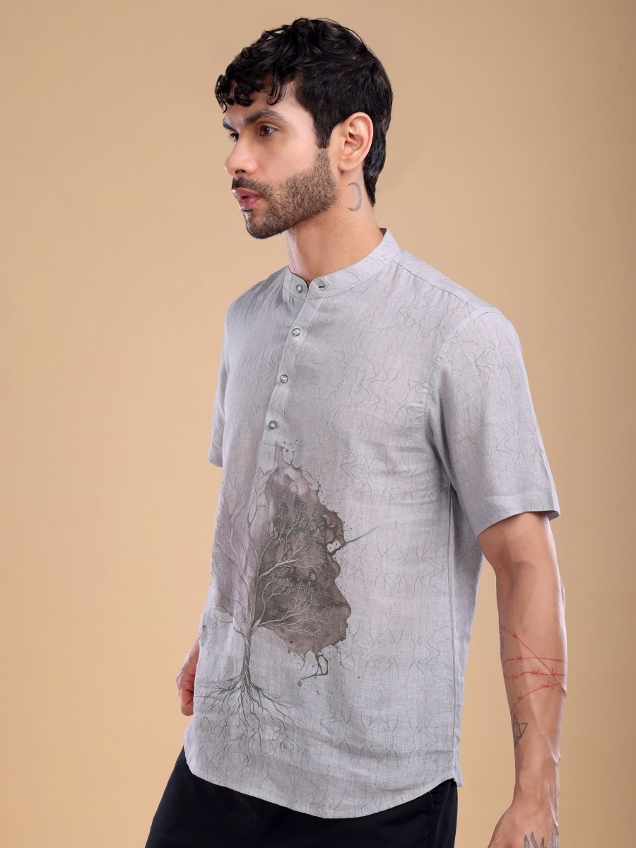 Light Grey Pure Linen Shirt with Abstract Tree Art - CLOHI