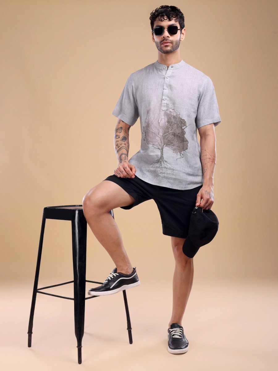 Light Grey Pure Linen Shirt with Abstract Tree Art - CLOHI