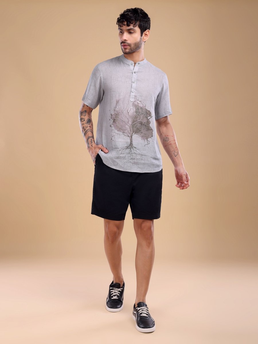 Light Grey Pure Linen Shirt with Abstract Tree Art - CLOHI
