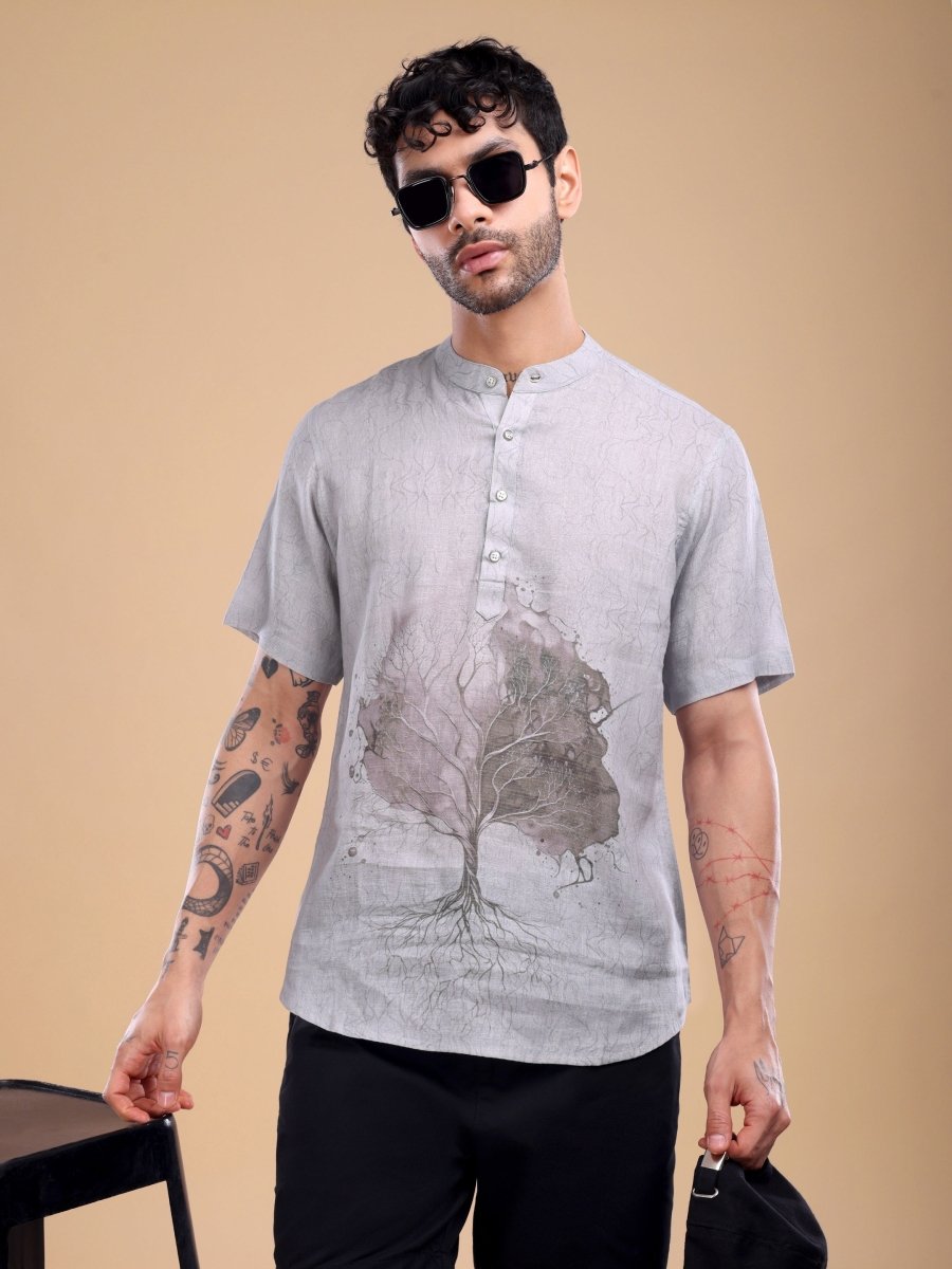 Light Grey Pure Linen Shirt with Abstract Tree Art - CLOHI