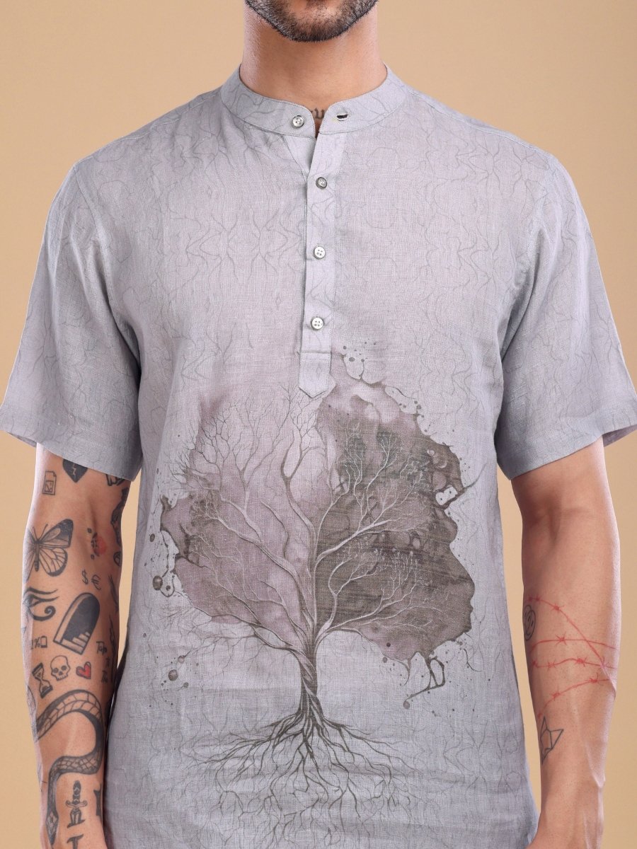 Light Grey Pure Linen Shirt with Abstract Tree Art - CLOHI