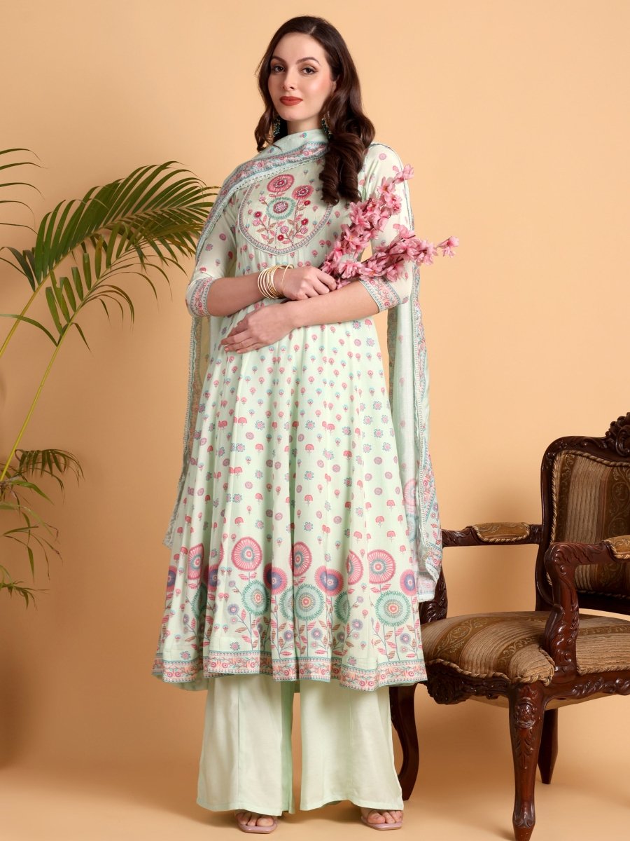 Light Pista Green Floral Print Hand Embroidered Anarkali Kurta Set - CLOHI
