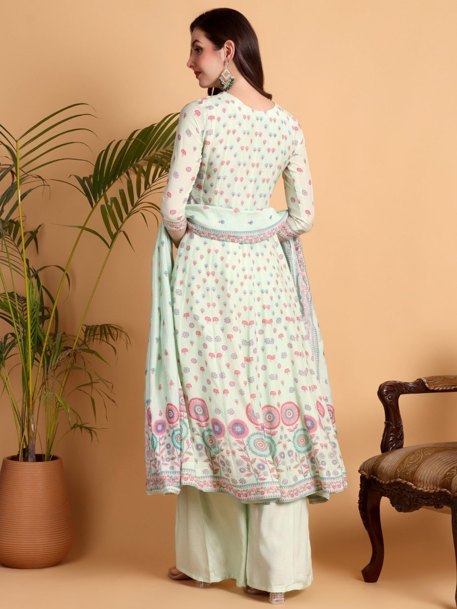 Light Pista Green Floral Print Hand Embroidered Anarkali Kurta Set - CLOHI
