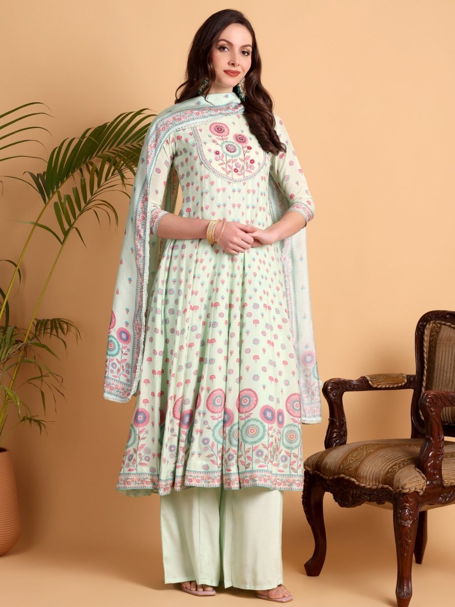 Light Pista Green Floral Print Hand Embroidered Anarkali Kurta Set - CLOHI