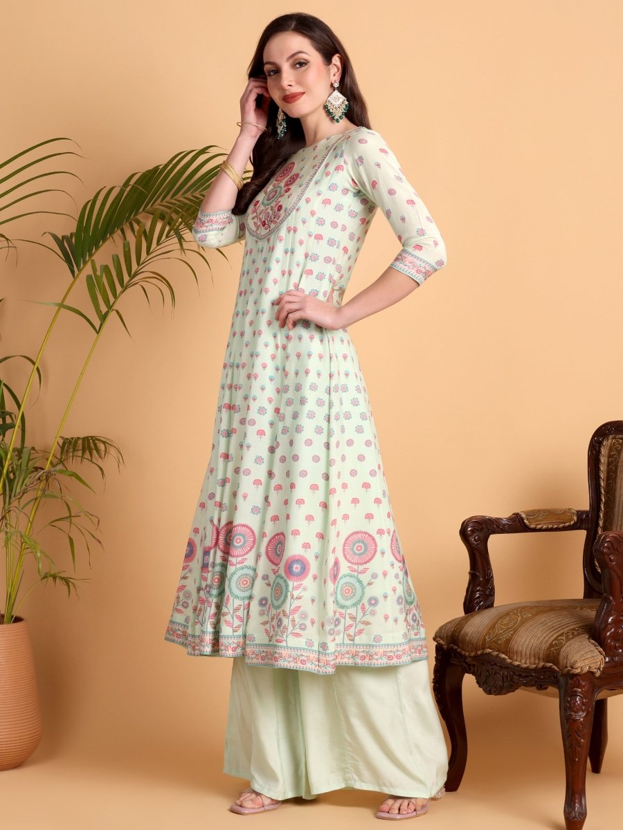 Light Pista Green Floral Print Hand Embroidered Anarkali Kurta Set - CLOHI