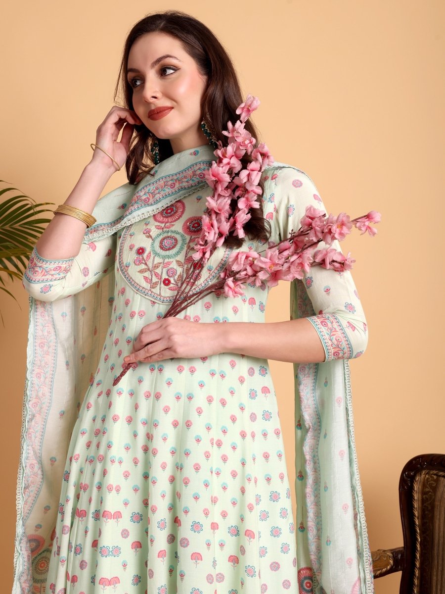 Light Pista Green Floral Print Hand Embroidered Anarkali Kurta Set - CLOHI
