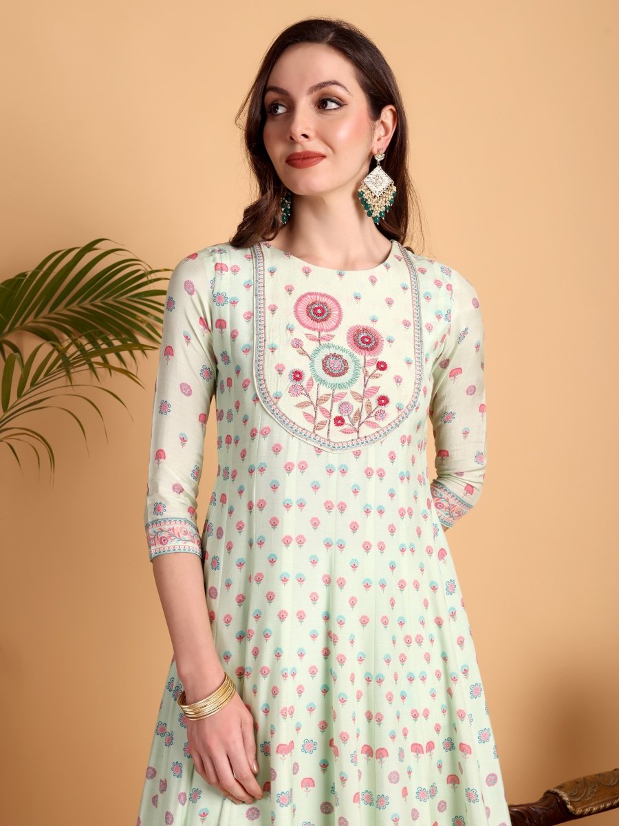 Light Pista Green Floral Print Hand Embroidered Anarkali Kurta Set - CLOHI