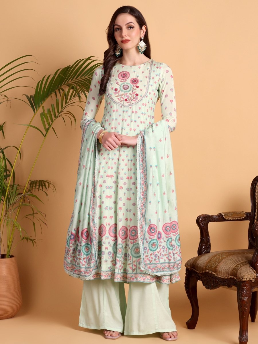Light Pista Green Floral Print Hand Embroidered Anarkali Kurta Set - CLOHI