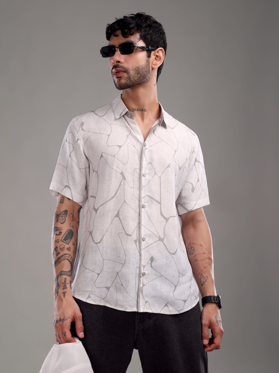 Light Purple Abstract Printed Pure Linen Shirt - CLOHI