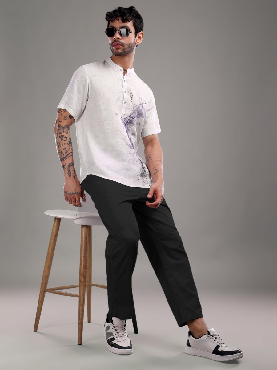 Light Purple Artistic Abstract Printed Pure Linen Shirt - CLOHI