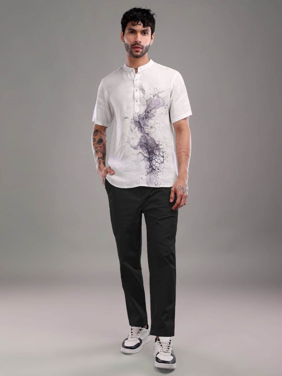 Light Purple Artistic Abstract Printed Pure Linen Shirt - CLOHI