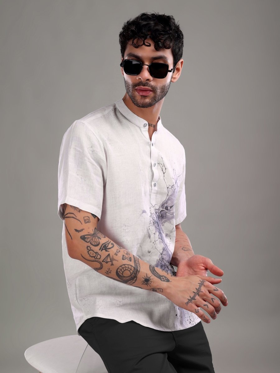 Light Purple Artistic Abstract Printed Pure Linen Shirt - CLOHI