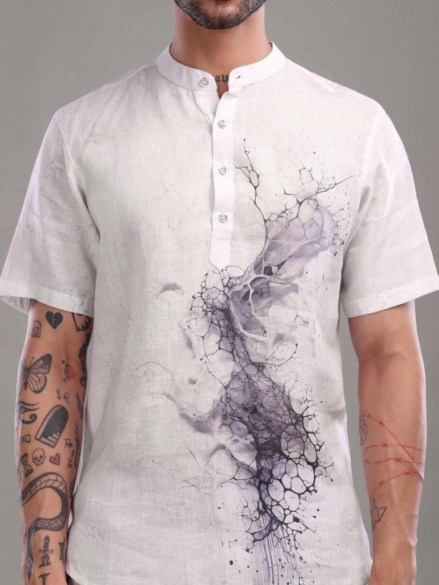 Light Purple Artistic Abstract Printed Pure Linen Shirt - CLOHI
