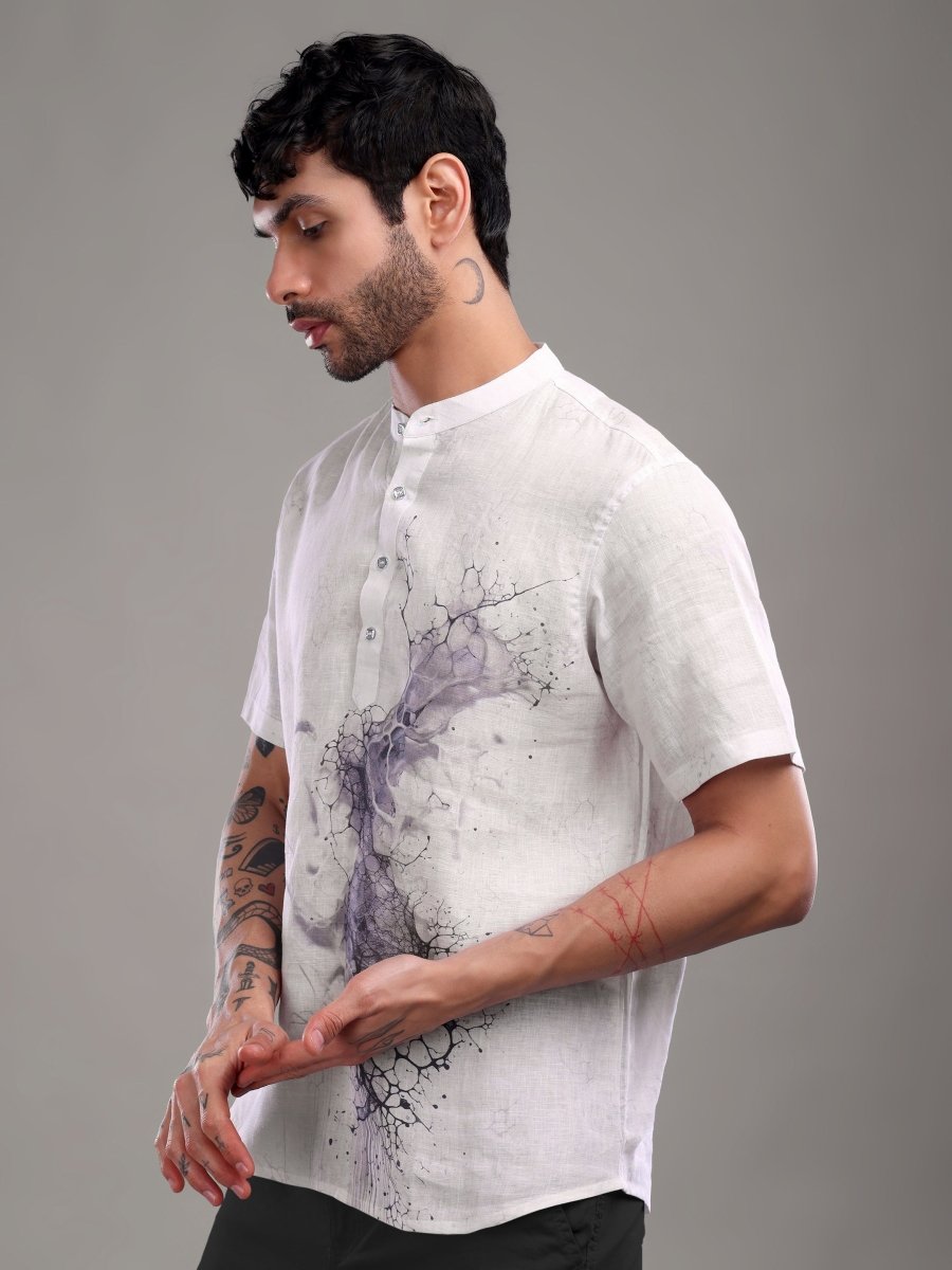 Light Purple Artistic Abstract Printed Pure Linen Shirt - CLOHI