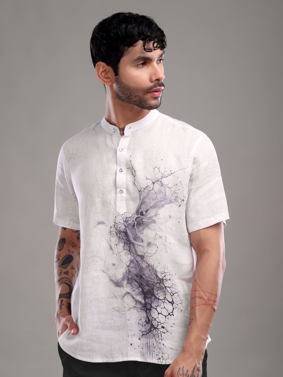 Light Purple Artistic Abstract Printed Pure Linen Shirt - CLOHI