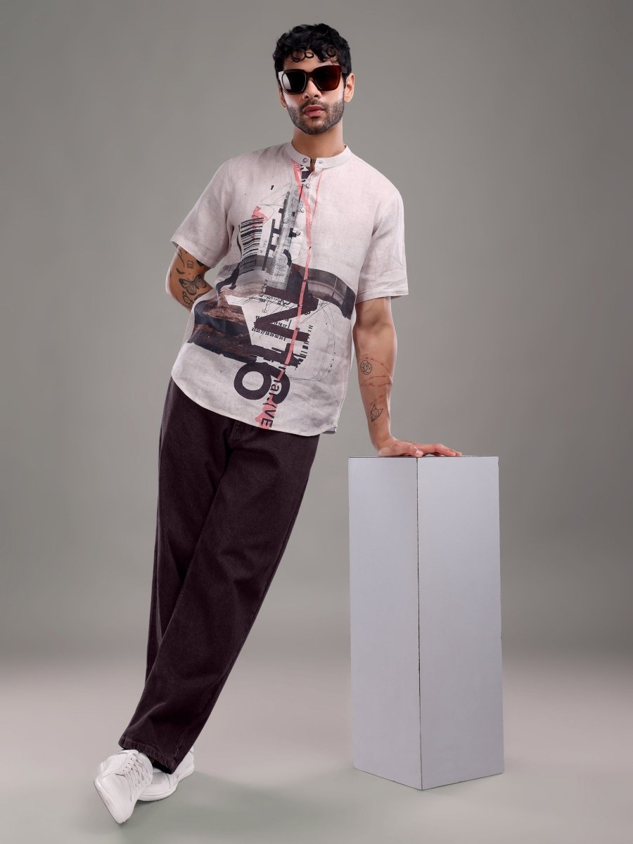 Light Purple Artistic Abstract Printed Pure Linen Short Shirt - CLOHI