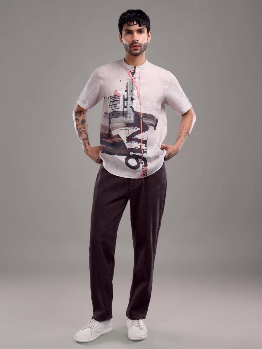 Light Purple Artistic Abstract Printed Pure Linen Short Shirt - CLOHI