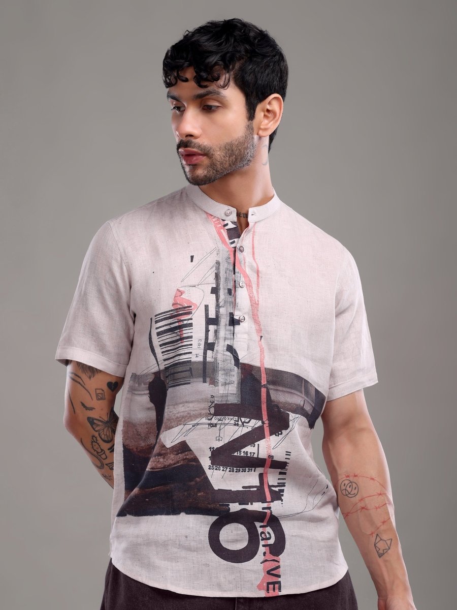 Light Purple Artistic Abstract Printed Pure Linen Short Shirt - CLOHI