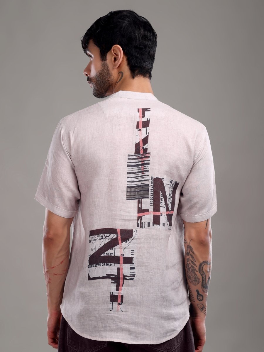 Light Purple Artistic Abstract Printed Pure Linen Short Shirt - CLOHI