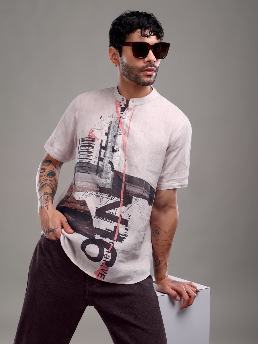 Light Purple Artistic Abstract Printed Pure Linen Short Shirt - CLOHI