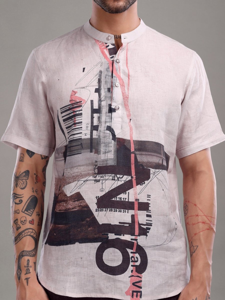 Light Purple Artistic Abstract Printed Pure Linen Short Shirt - CLOHI
