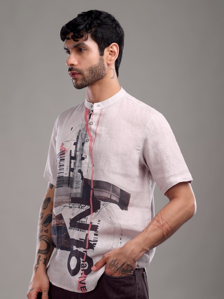 Light Purple Artistic Abstract Printed Pure Linen Short Shirt - CLOHI