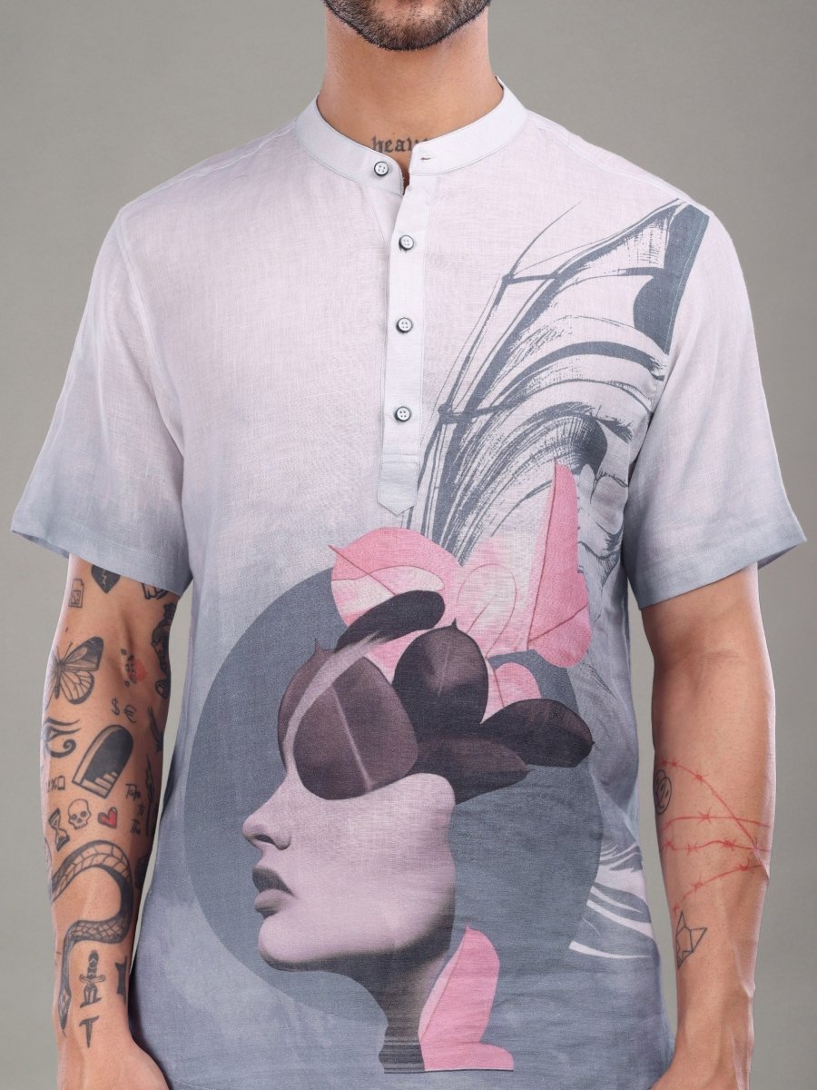 Light Purple Artistic Face Printed Pure Linen Short Kurta Shirt - CLOHI