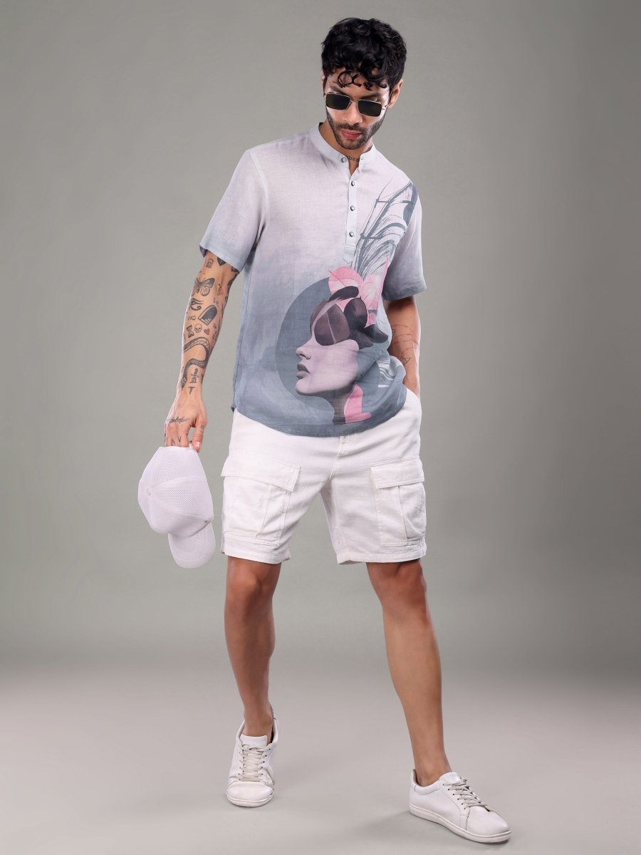 Light Purple Artistic Face Printed Pure Linen Short Kurta Shirt - CLOHI