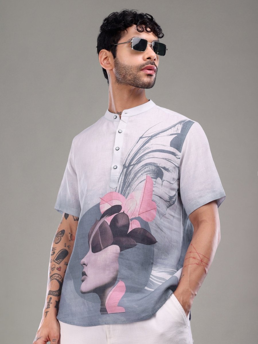 Light Purple Artistic Face Printed Pure Linen Short Kurta Shirt - CLOHI