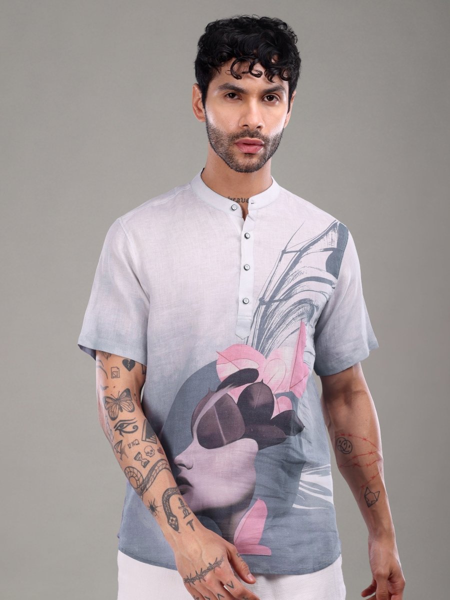 Light Purple Artistic Face Printed Pure Linen Short Kurta Shirt - CLOHI