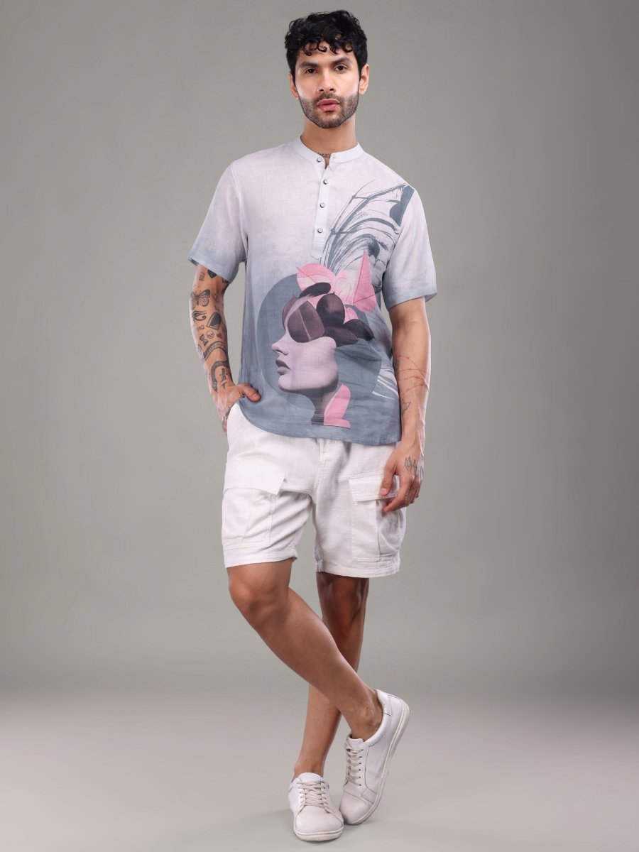 Light Purple Artistic Face Printed Pure Linen Short Kurta Shirt - CLOHI