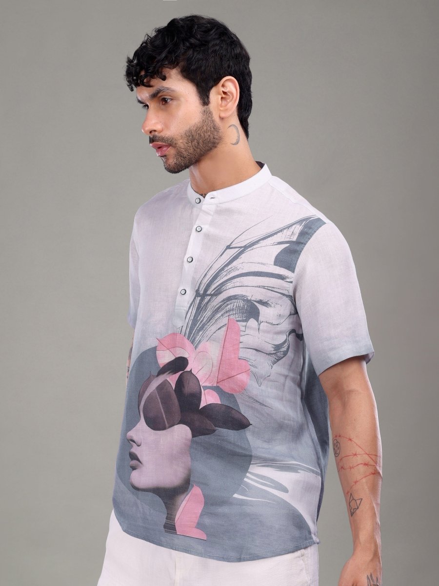 Light Purple Artistic Face Printed Pure Linen Short Kurta Shirt - CLOHI
