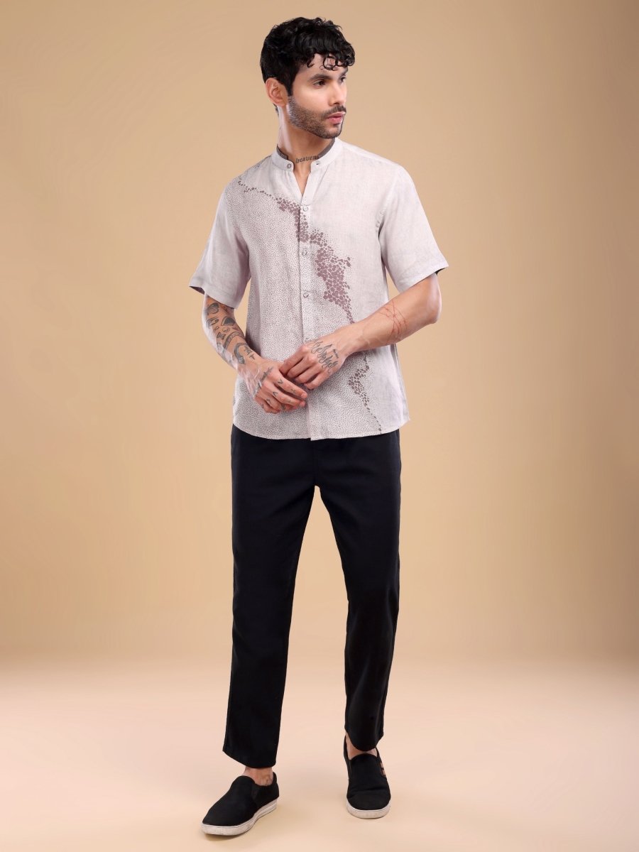 Light Purple Pure Linen Shirt with Artistic Dot Flow Print & Band Collar - CLOHI
