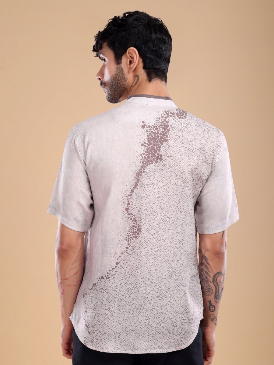 Light Purple Pure Linen Shirt with Artistic Dot Flow Print & Band Collar - CLOHI