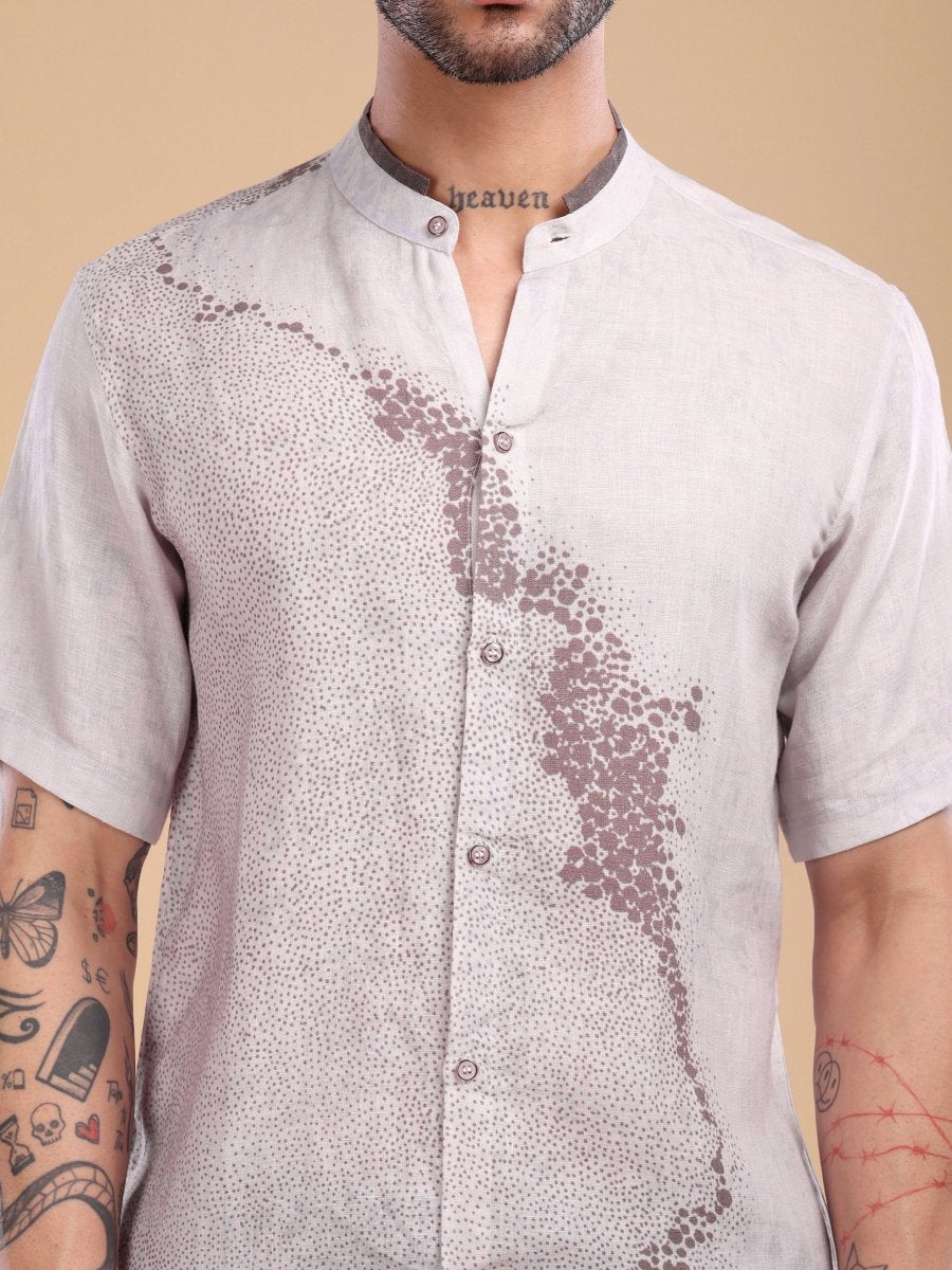 Light Purple Pure Linen Shirt with Artistic Dot Flow Print & Band Collar - CLOHI