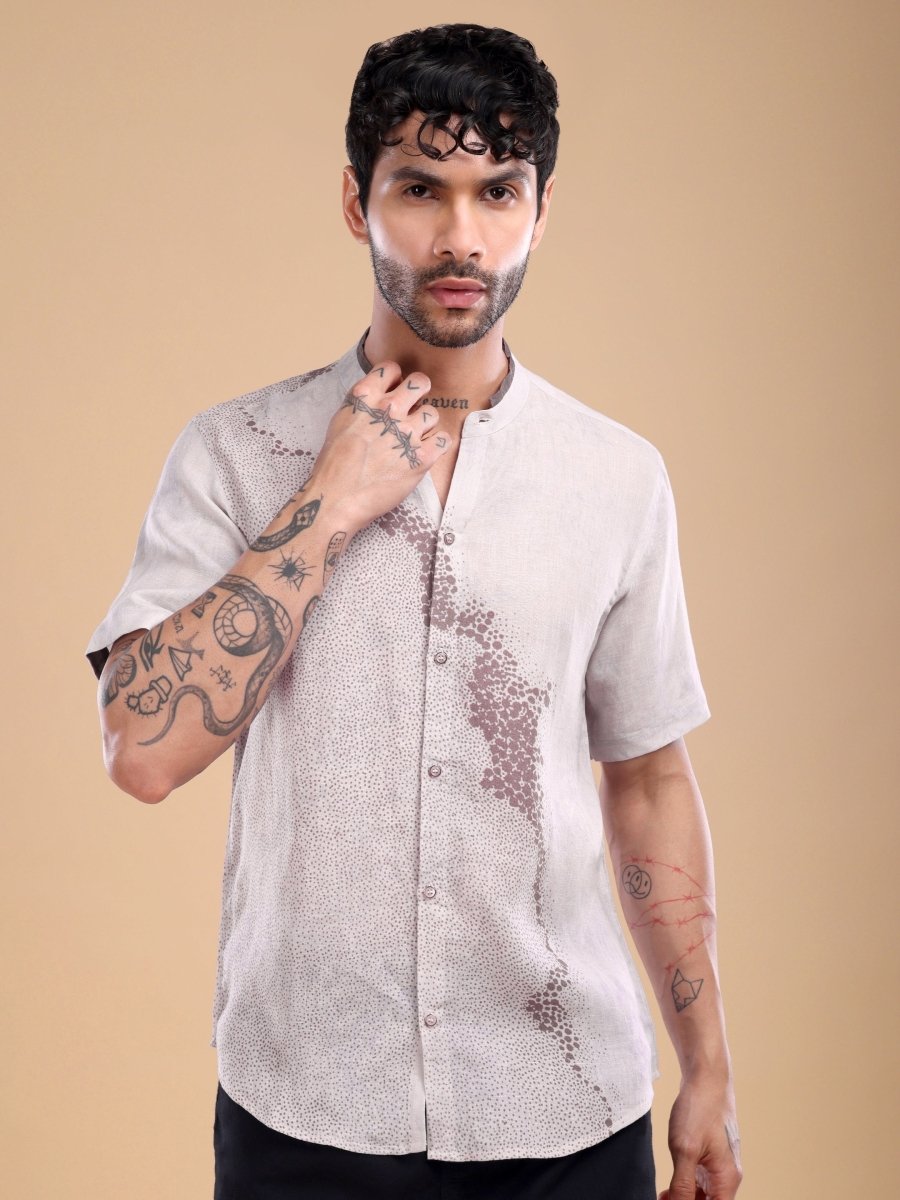 Light Purple Pure Linen Shirt with Artistic Dot Flow Print & Band Collar - CLOHI