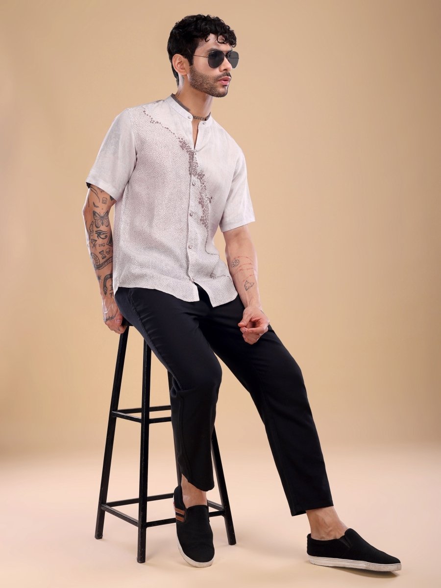 Light Purple Pure Linen Shirt with Artistic Dot Flow Print & Band Collar - CLOHI